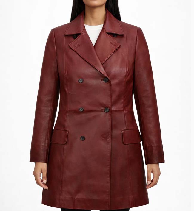 Women’s Red Leather Trench Coat.