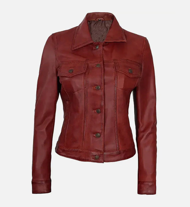 Women’s Red Leather Trucker Jacket.