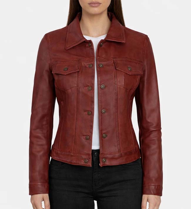 Women’s Red Leather Trucker Jacket.