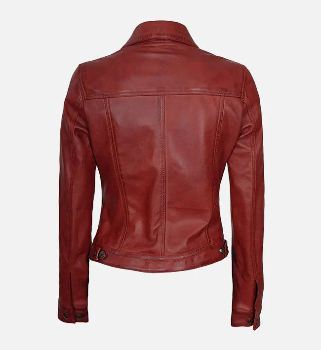 Women’s Red Leather Trucker Jacket.