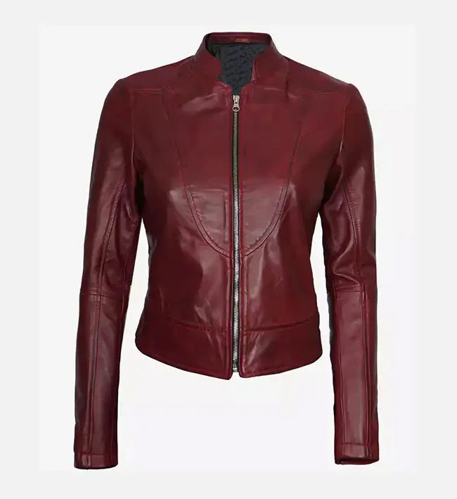 Women’s Slim Fit Maroon Leather Biker Jacket.