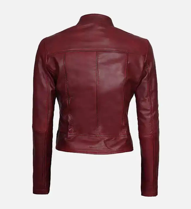 Women’s Slim Fit Maroon Leather Biker Jacket.