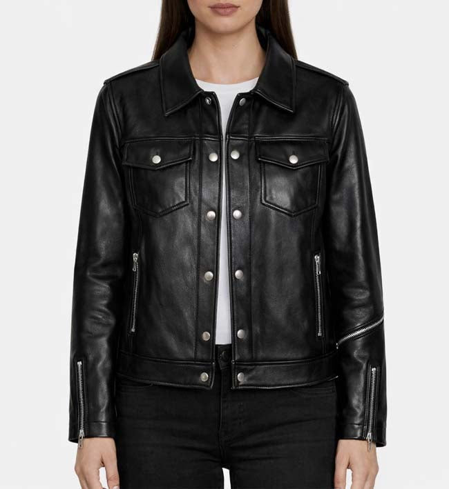 Women’s Trucker Zipper Black Leather Jacket.