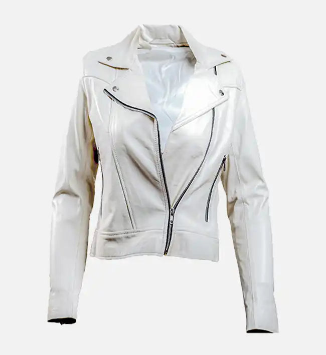 Women’s White Leather Biker Jacket.