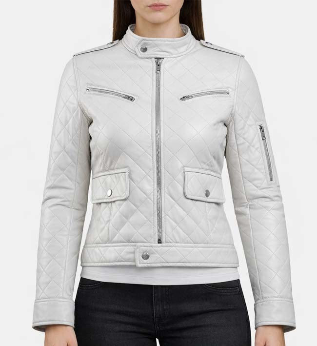 Women’s White Leather Puffer Jacket.