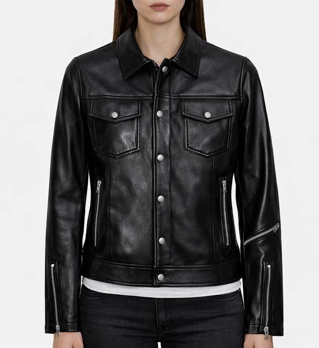 Women’s Zipper Biker Black Leather Jacket.